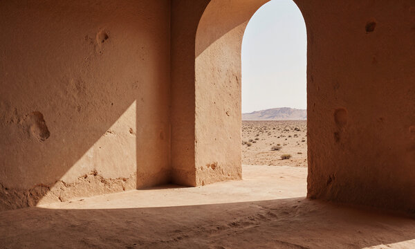 Desert Minimal Bedroom - Adobe interior with clay walls, terracotta floor, empty space, soft sunlight from arched window, captured from
