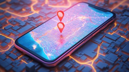 Futuristic smartphone displaying a glowing city map with two red location pins on a 3D urban grid of illuminated streets, conveying connectivity and vibrant energy