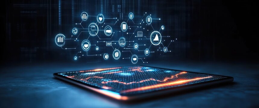tablet on dark surface with glowing blue and orange financial graph on its screen and a floating holographic network of data and app icons, conveying a futuristic connected energy - Powered by Adobe