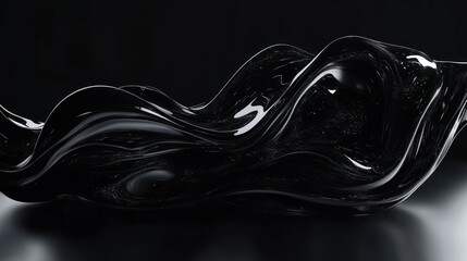 Glossy black liquid wave sculpture with flowing curves, reflective highlights and subtle star-like particles, evoking sleek mysterious futuristic elegance