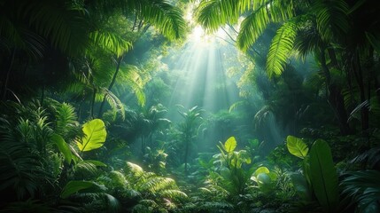 Fototapeta premium sunlit tropical rainforest clearing with lush green foliage, palms and ferns, shafts of light through dense canopy, tranquil and magical atmosphere