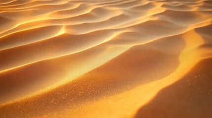 Golden sand dunes with rippling wind-sculpted patterns bathed in warm sunlight, serene and tranquil desert texture
