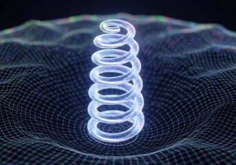 Glowing spiral spring rises above a digital waveform grid