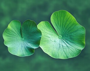 Two vibrant green lotus leaves with detailed radial veins floating against a soft blurred green background, evoking calm freshness and natural serenity