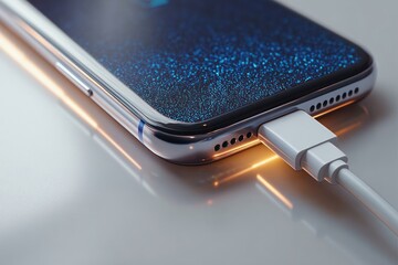 Close-up of a sleek smartphone with glittering blue display and curved glass charging via white cable on a reflective surface, warm glow and modern premium mood
