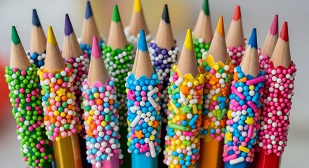 Macro Close-Up: A Row of Rainbow Colored Pencils Dipped in Delicious, Bright, Edible Sprinkles and Candy Decorations, Perfect for Art, School, and Childhood Fun.