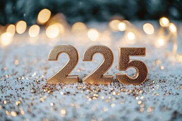 golden numbers 225 standing on a glittery snowy surface with warm bokeh string lights in the background, festive sparkling cozy atmosphere