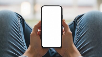 Person holding a modern smartphone with a blank white screen, ready for custom content or UI design.