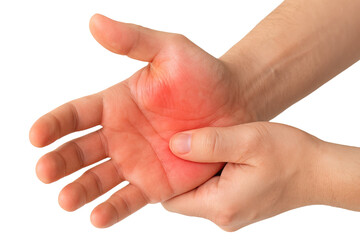 Human palm pain with highlighted hand inflammation showing nerve tendon strain and muscular anatomy isolated on white background