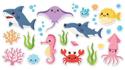 Collection of cute cartoon sea animals and underwater life illustration set  © Uttpol Saha