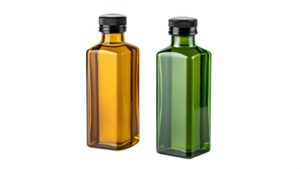 Two square glass bottles, one amber and one green, with black caps