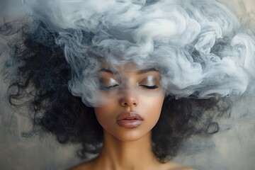 curly dark hair transforming into a swirling white smoke cloud above the neck, conveying dreamy mystery and quiet introspection