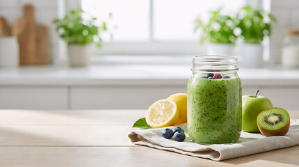 Developing a new habit of healthy eating with a green smoothie on a kitchen table surrounded by fresh fruits