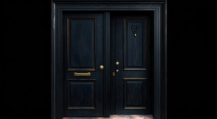 pair of dark paneled wooden entry doors with gold trim, brass knobs, letterbox and knocker in an ornate black frame on a stone threshold, evoking moody mysterious elegance