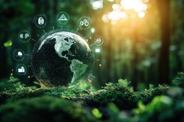 holographic globe hovering above mossy forest floor with digital icons and warm sunlight, evoking hope and futuristic environmental harmony