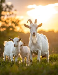 Obraz premium Family of goats, bathed in golden sunlight, stands in a field