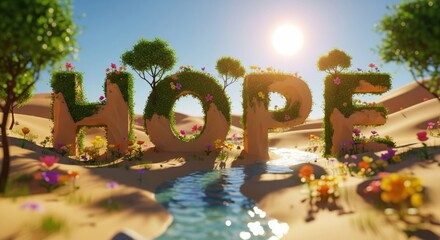 Hope Concept Landscape With Green Letters and Flowing River, symbolizing optimism, renewal, and sustainability.