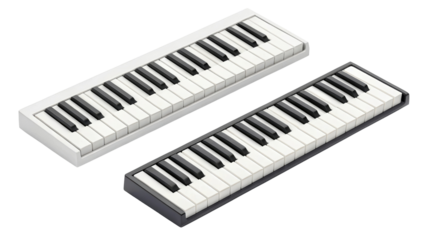Two miniature piano keyboards displayed against a completely black background