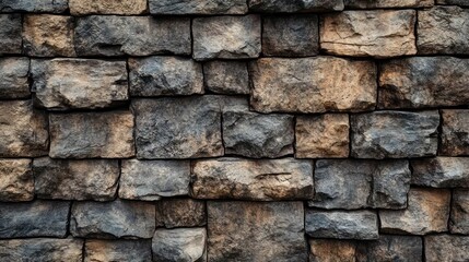Fototapeta premium Weathered stacked stone wall of rough rectangular rocks close-up conveying a rustic, sturdy, timeless and rugged feeling