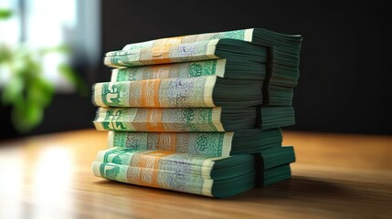 stacks of bundled banknotes with orange bands on a wooden table, blurred indoor background with plant and window conveying wealth and abundance