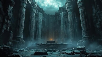 ancient cavernous stone temple interior with towering carved pillars, cracked flagstone floor, central altar holding a single glowing candle, misty light from above, eerie solemn mood