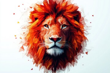 geometric polygonal lion head with fiery orange mane, fragmented triangular facets and intense regal stare on a white background
