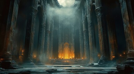 Ancient ruined cathedral interior with towering stone columns, archways and cracked floor, mist rising to an oculus, candlelit glowing golden altar door, ominous awe-filled atmosphere