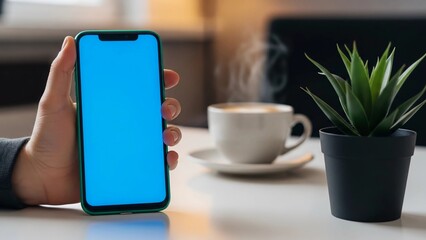 Person holding a smartphone with a blank blue screen, a cup of coffee and a plant on a white desk, mockup for app interface or website design.