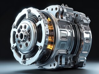 Polished chrome electric motor assembly with exposed copper windings, visible rotor and stator housing, bolts and mounting flanges on a dark background conveying precision and power