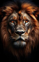 Naklejka premium close-up majestic lion mane with ears and whiskers lit by dramatic warm light, powerful and regal mood