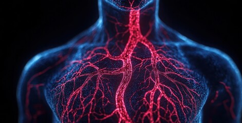 Translucent upper torso revealing glowing red arterial network and branching veins with electric blue outline, evoking pulsing, futuristic vitality and clinical intensity