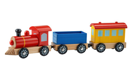 Fototapeta premium Wooden toy train with cargo and passenger cars isolated on transparent background