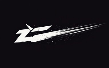 minimalist monochrome angular airplane silhouette with long dynamic motion streaks and splatter conveying speed and power