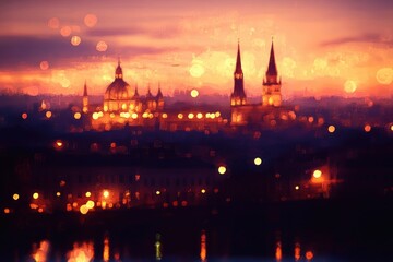dreamy twilight city skyline with cathedral dome and twin spires, warm bokeh lights and river reflections conveying romantic nostalgia