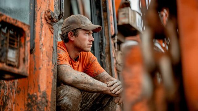 A Caucasian Employee in an Orange Shirt Squats Next to Heavy Equipment