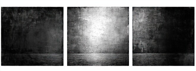Triptych of three textured black and white panels showing a minimalist horizon over calm water with a bright center and moody, contemplative atmosphere