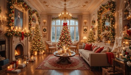 A beautifully decorated Christmas living room featuring a large tree, candles, and festive ornaments, creating a warm and cozy holiday atmosphere.