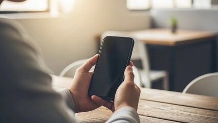 Man holding a smartphone with a dark screen in a cafe setting, with soft sunlight and blurred background, for user experience design.