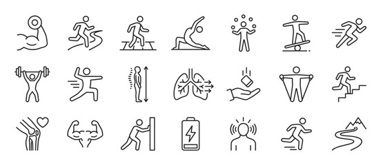 Collection of thin line icons representing physical activity, health, and human ability, featuring symbols for running, weightlifting, yoga, balance, and endurance