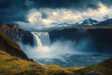 Moody waterfall plunging from rugged cliffs into a misty pool with storm clouds and distant snow-capped mountains, windswept grassy foreground evokes awe
