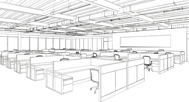 Detailed architectural line art sketch of a modern open-plan corporate office interior with numerous workstations and industrial ceiling