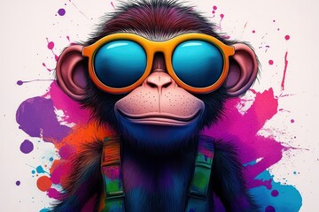vibrant pop art monkey wearing orange sunglasses and colorful suspenders against energetic paint splatter background, playful upbeat mood