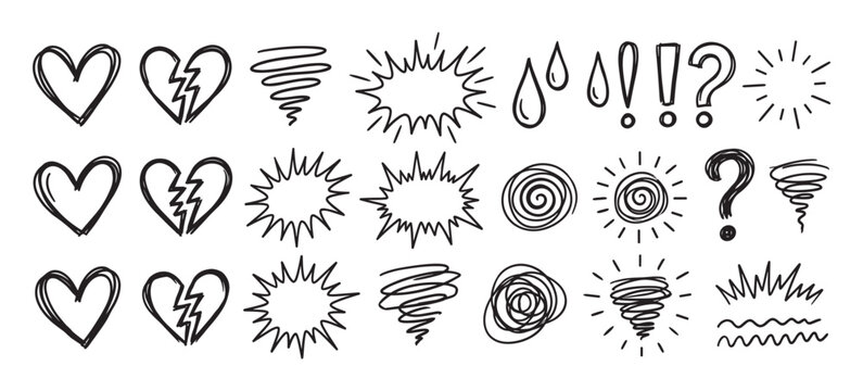 Hand drawn doodle elements set featuring hearts, broken hearts, comic explosions, swirls, suns, and punctuation marks, all created in a simple black and white sketch illustration style