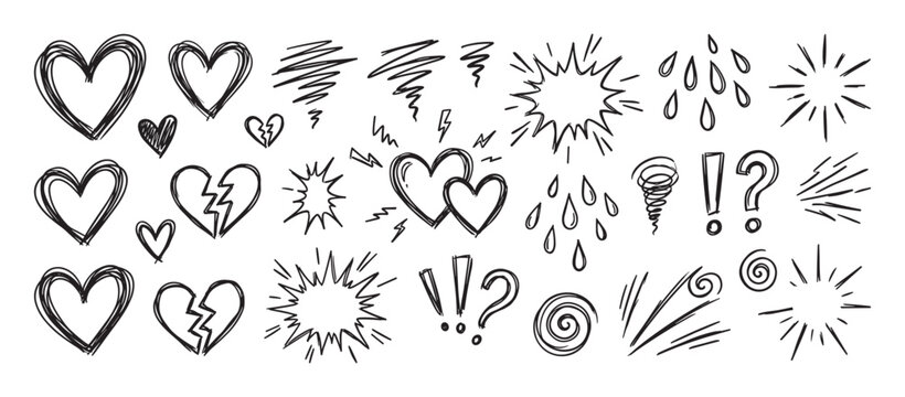 Hand-drawn doodle icon set with hearts, broken hearts, lightning bolts, and expressive emotional symbols in a black and white sketchy line art style for illustrating feelings