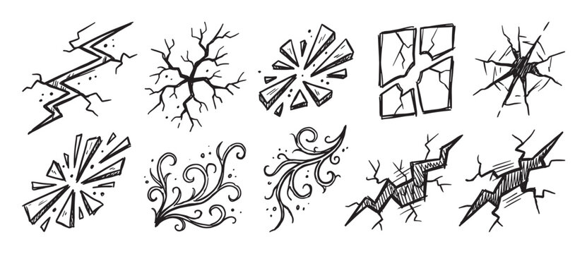 Set of hand-drawn crack and shatter illustrations with various doodle effects like broken glass, ground fissures, and decorative swirls in a rough ink sketch style