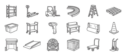Warehouse equipment and logistics icon collection featuring a forklift, pallet jack, conveyor belt, and shelving in a clean black line art illustration for supply chain concepts