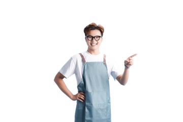 Enthusiastic Presentation: A friendly individual, donning a stylish apron and spectacles, points towards the future, embodying a message of forward-thinking and approachability.