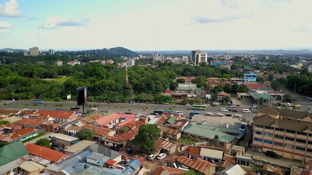 Aerial view of Arusha cityscape , It s a gateway to safari destinations and to Africa s highest peak, Mt. Kilimanjaro.
