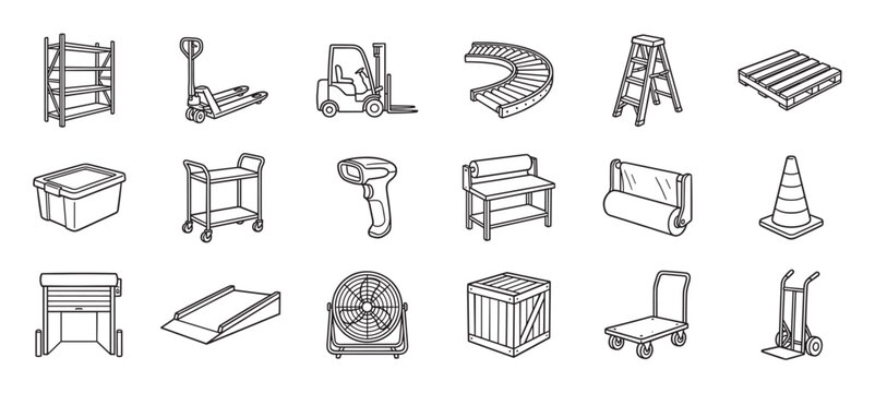Warehouse equipment and logistics icon collection featuring a forklift, pallet jack, conveyor belt, and shelving in a clean black line art illustration for supply chain concepts