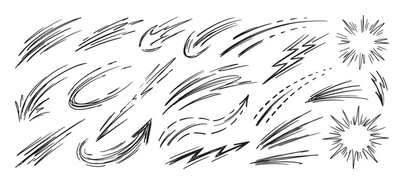 Hand-drawn black comic book speed lines, motion swooshes, action marks, and explosion bursts in a sketchy doodle style for illustrating dynamic movement and impact